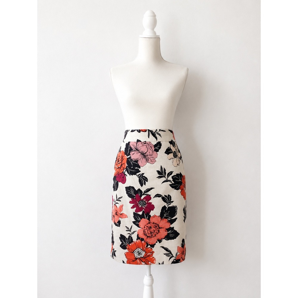 Ann Taylor Sun Drenched Floral Pencil Skirt 2 White Pink Orange Cotton Career